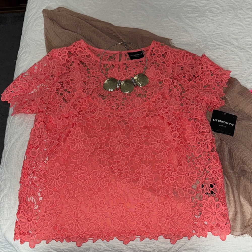 Liz Claiborne Vibrant Peach Lace Blouse